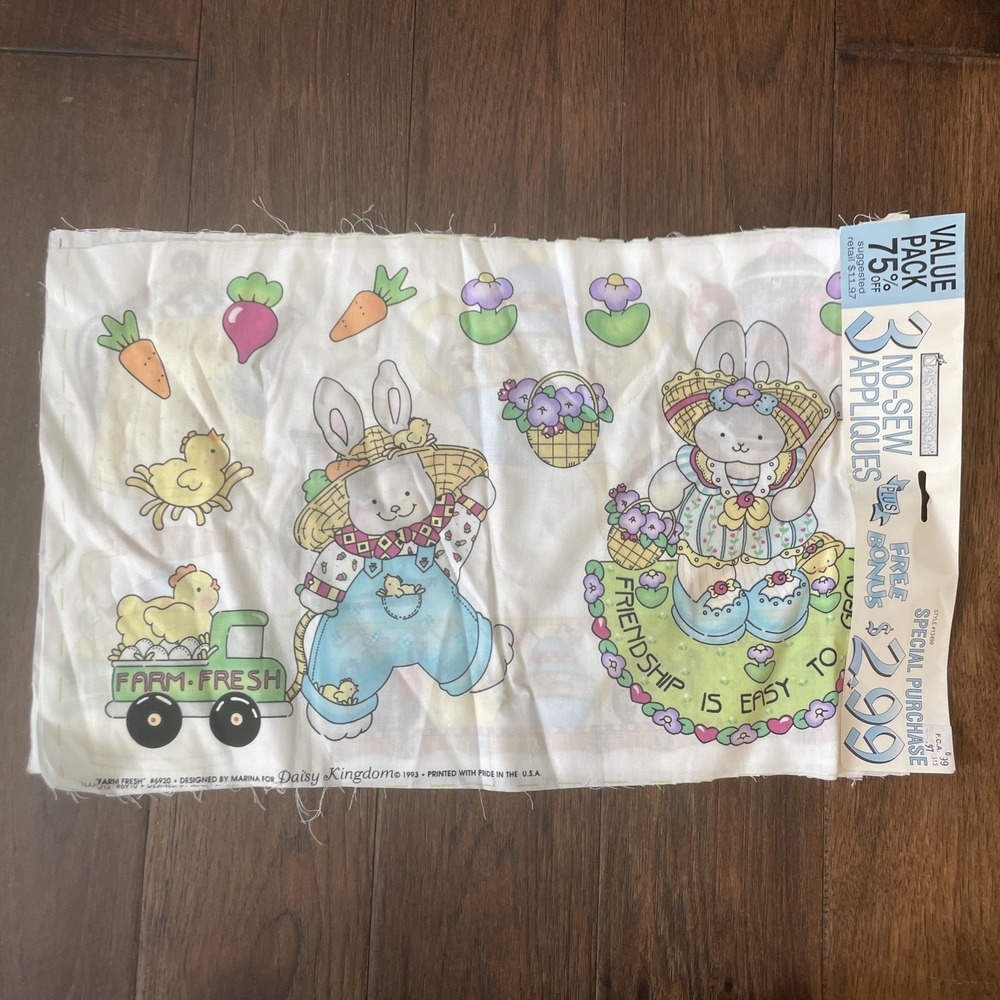 Vintage Daisy Kingdom No-Sew Applique Fabric Easter Bunny Teapot Fruit 1993
